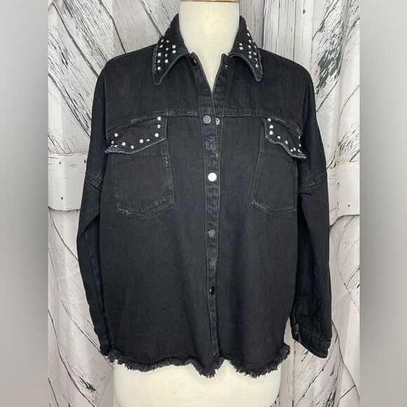 Zara Black Oversized Rhinestone Embellished Frayed Denim Jacket S - Picture 1 of 10